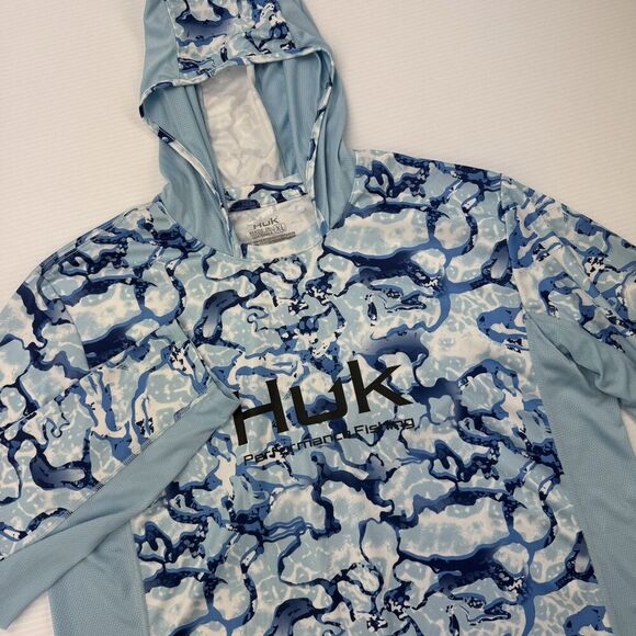 Huk Performance Fishing XL Hoodie Shirt Blue Camo Long Sleeve UPF Sun Protection - Picture 3 of 10